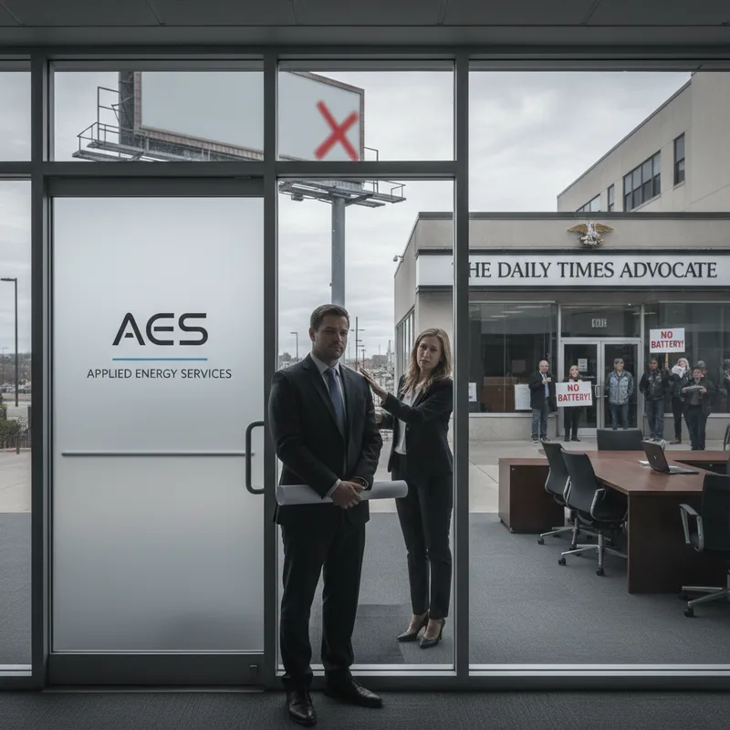 Modern office building exterior with "Applied Energy Services" signage, representing a business facing community opposition.