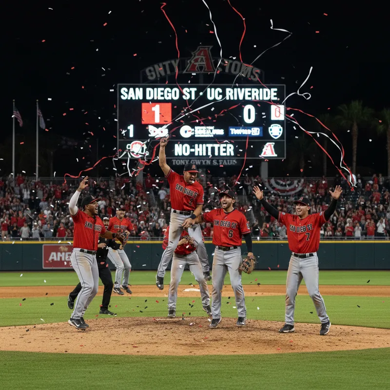 Five Aztec pitchers in a dynamic action shot on a baseball field during a game.
