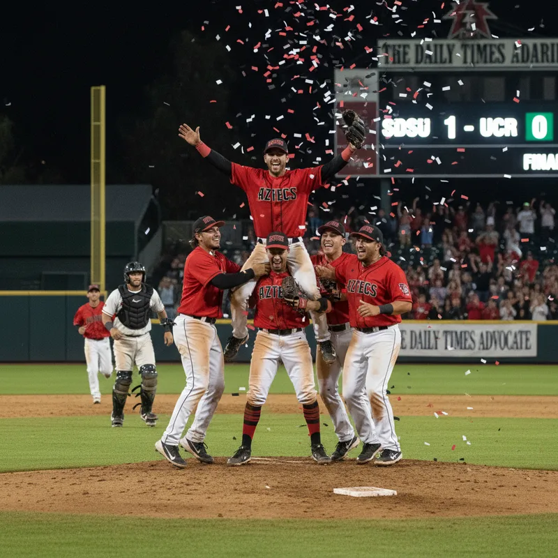 San Diego State Aztec pitchers celebrate their historic no-hitter victory on the field.