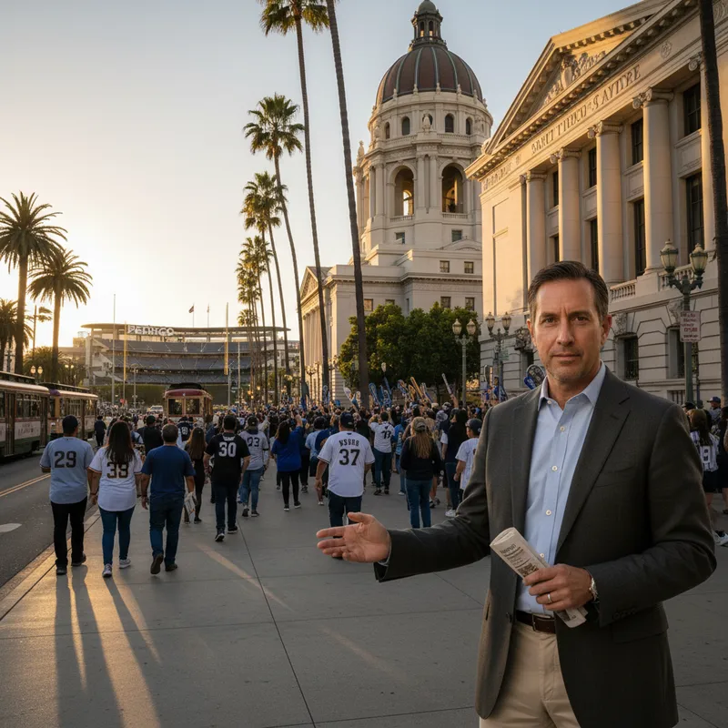 San Diego City Hall exterior with a Padres game day crowd in the background. — The Daily Times Advocate