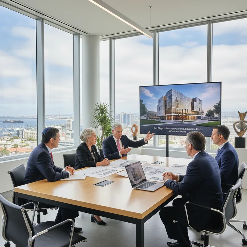 San Diego community leaders in a modern office setting discussing plans for a permanent Holocaust museum.