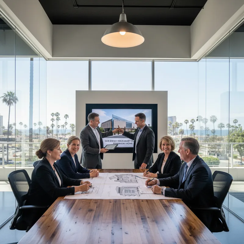 Community leaders and philanthropists in a modern office setting discussing the establishment of a permanent Holocaust museum.