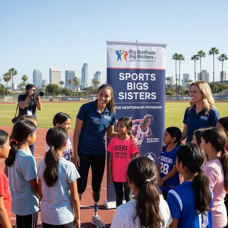 Paralympian Beatriz Hatz smiles while speaking at a press event for a new youth sports program.
