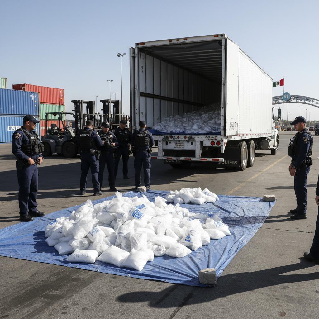 U.S. Customs and Border Protection officers in uniform stand by a commercial trailer filled with seized methamphetamine.