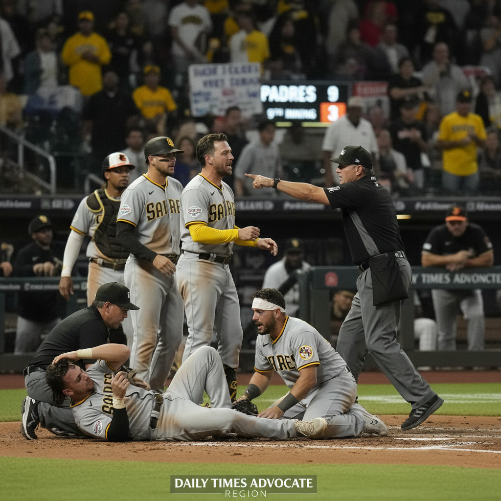 San Diego Padres players huddle on the field after a game with visible injuries and ejections.