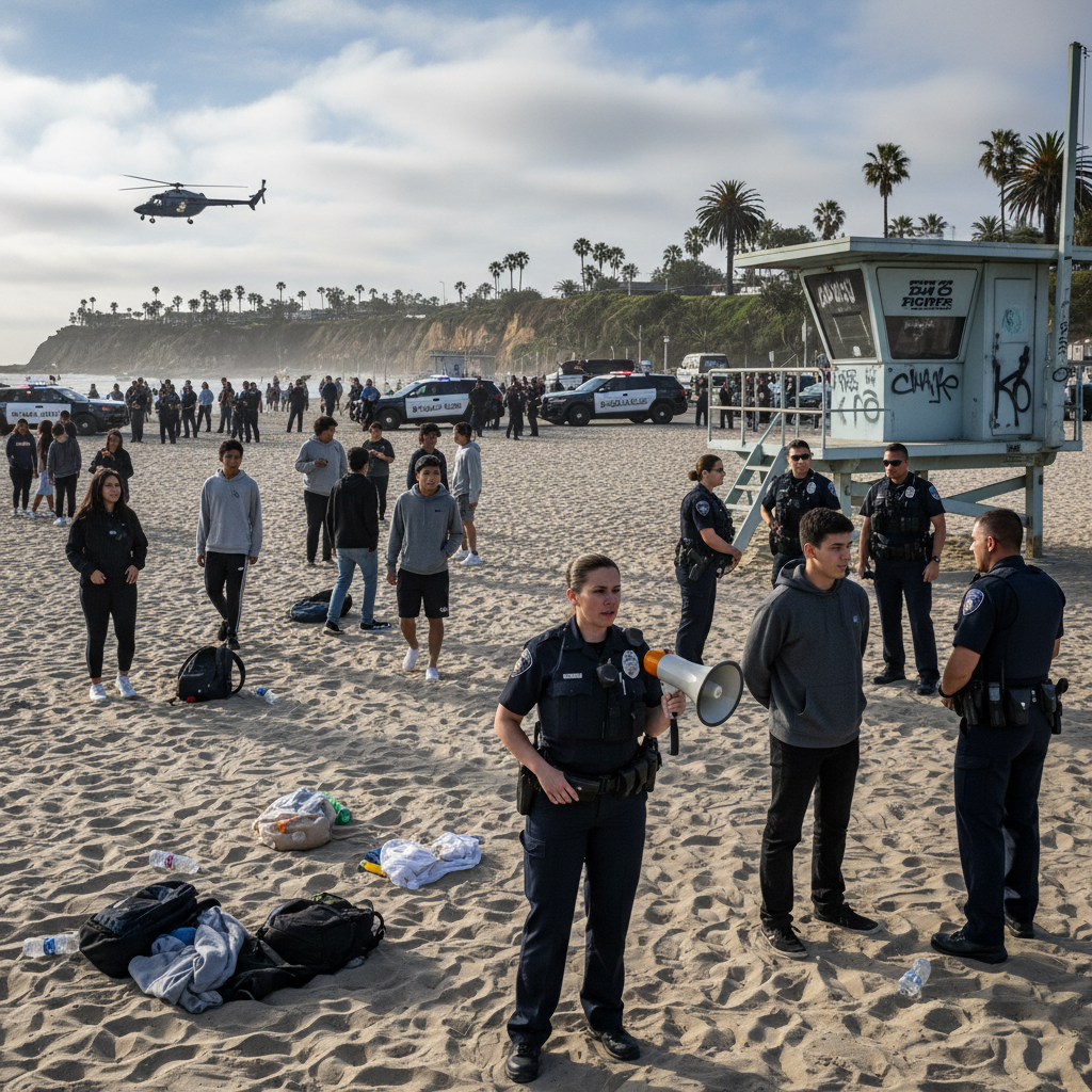 Police observing a crowded beach with teenagers gathering, suggesting a crackdown on illegal meetups.