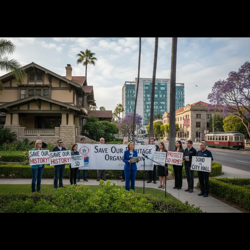 San Diego City Hall with a determined courthouse in the foreground, symbolizing a legal battle over historic preservation policies.