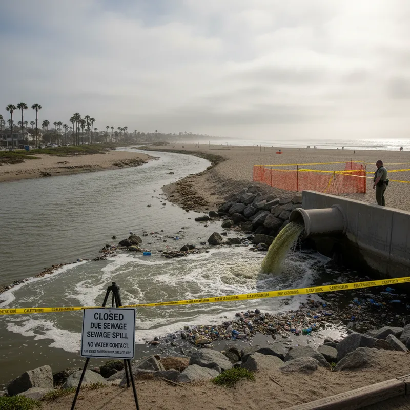 Sewage flows into the San Diego River near Ocean Beach from a failed city pump station valve.