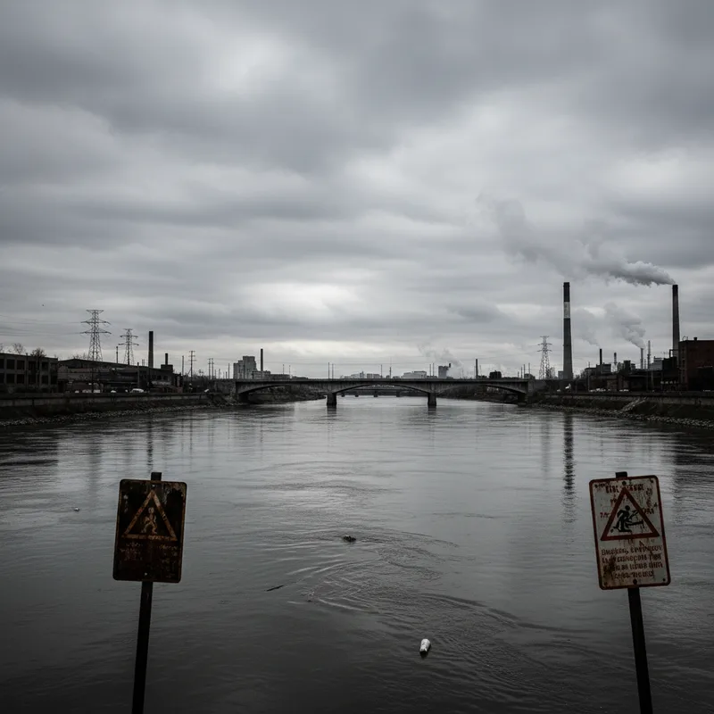 Urban river with industrial infrastructure under overcast skies