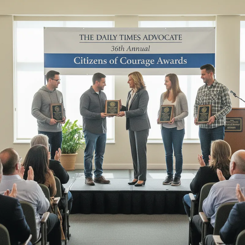 Four citizens stand together, being honored by the San Diego District Attorney's Office for acts of bravery.