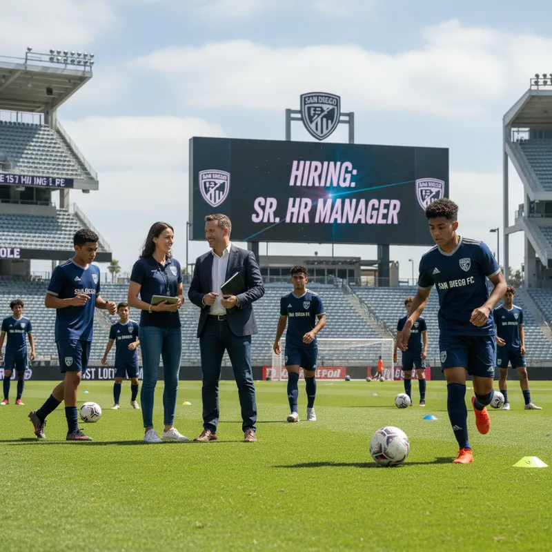 San Diego FC stadium with blurred figures in team colors on a sunny day.