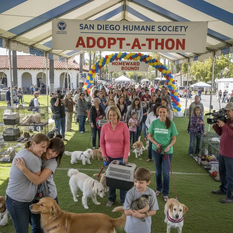San Diego County pets at adoption event, some looking at camera, awaiting homes.
