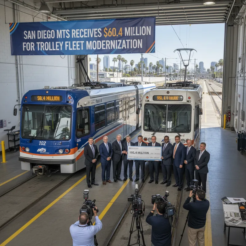San Diego trolley vehicles at a maintenance facility undergoing upgrades and modernization.