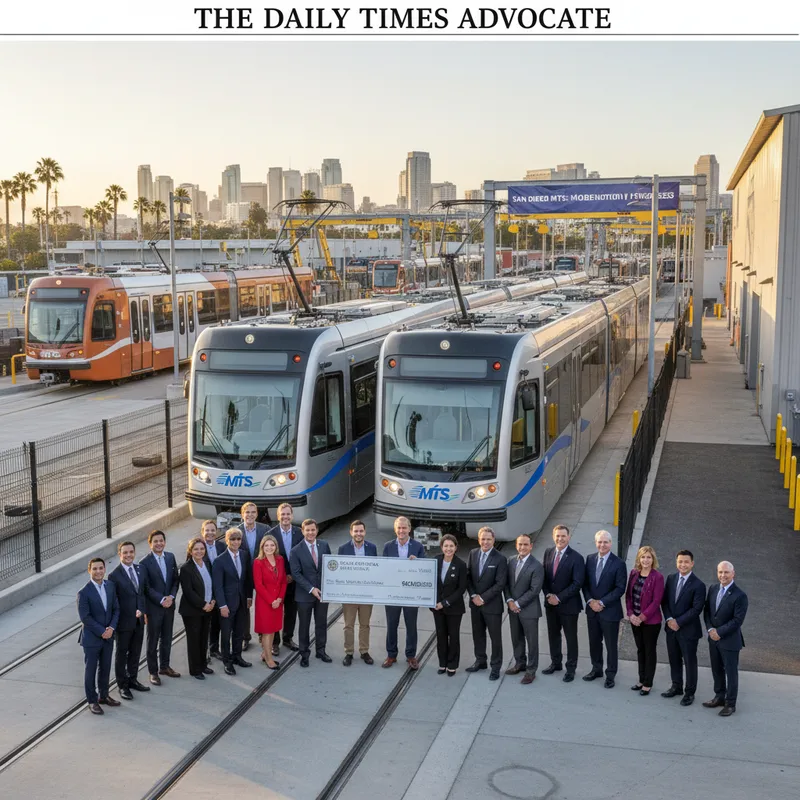 A modern San Diego trolley train at a station with the MTS logo visible.