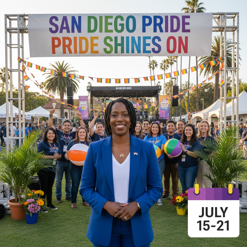 KishaLynn Elliott stands with the San Diego Pride flag, ready for the annual celebration.