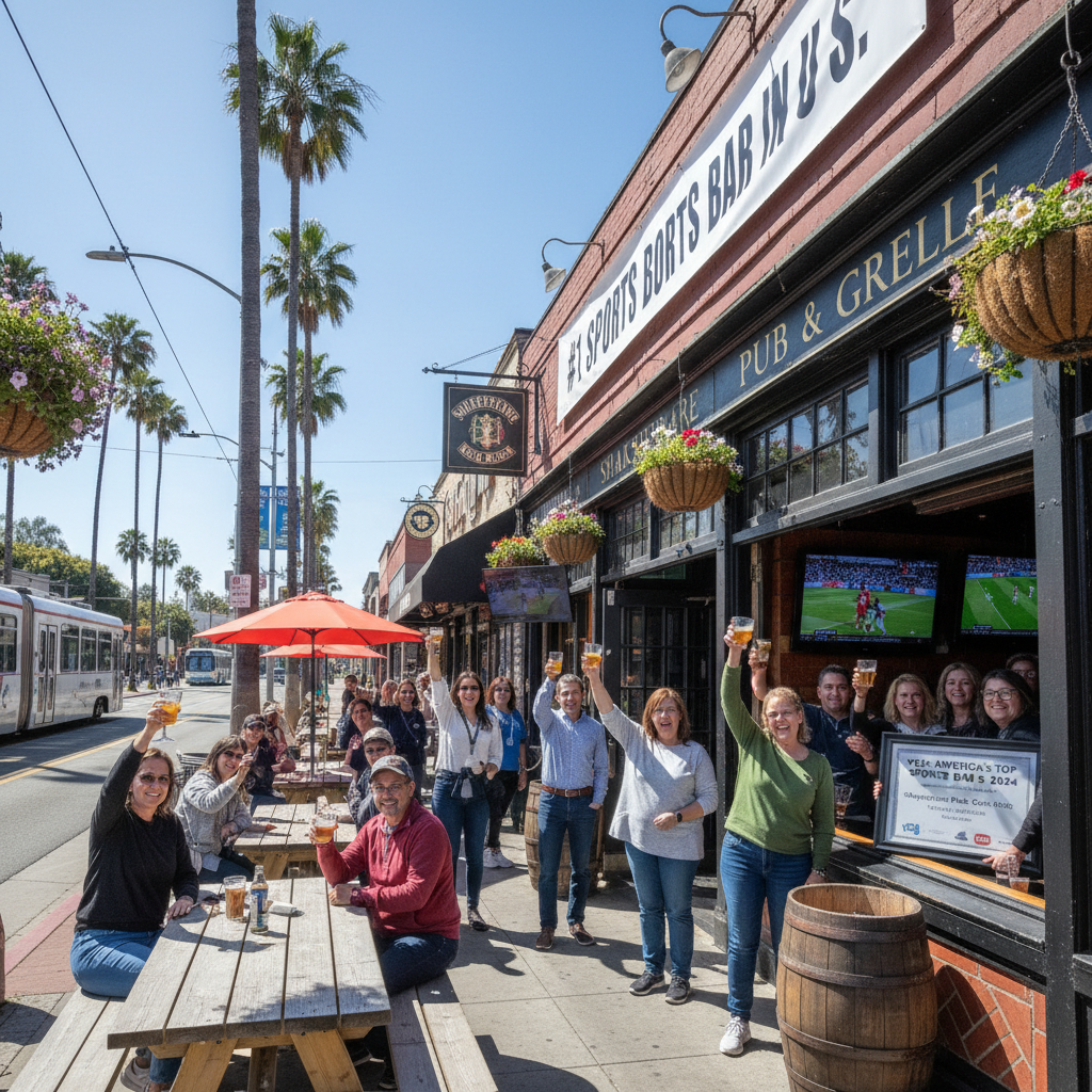 A warm, realistic photo captures a lively San Diego pub interior with patrons enjoying themselves.
