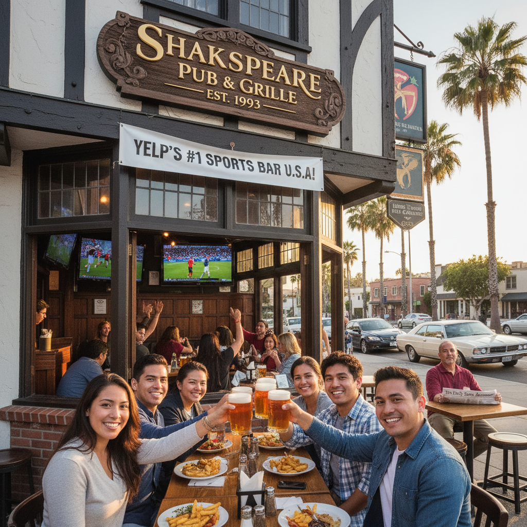 A warm, realistic photo of the interior of a British-themed pub called Shakespeare Pub & Grille in San Diego.