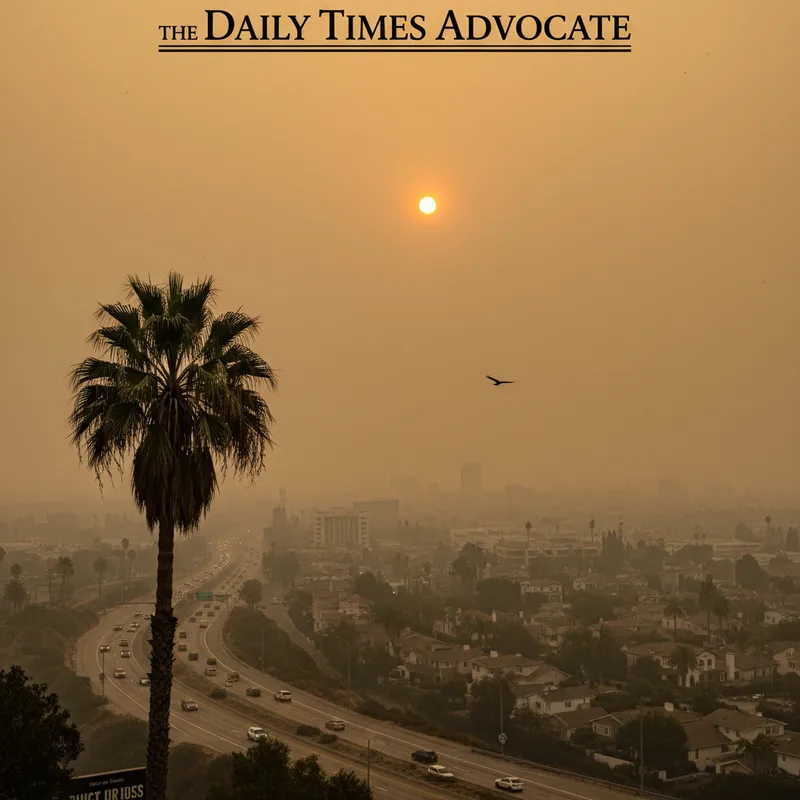 A hazy San Diego-Chula Vista-Carlsbad landscape under a polluted, grayish-orange sky.