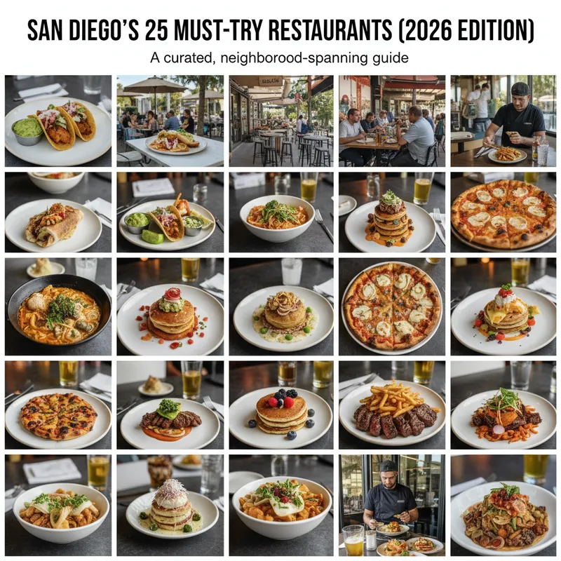 Photorealistic depiction of diverse San Diego dining establishments, curated for a 2026 guide.