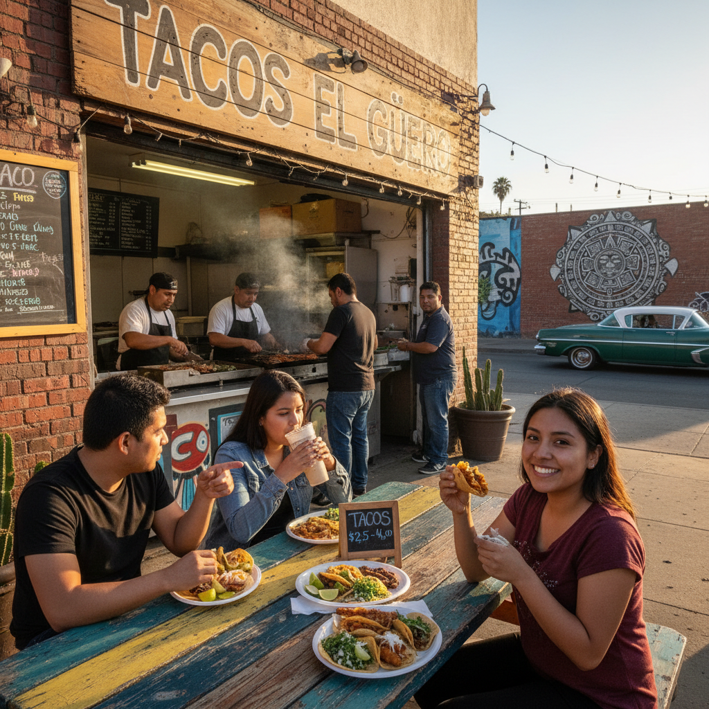 Taco platter with various fillings and toppings in natural lighting, representing San Diego's diverse taco scene.