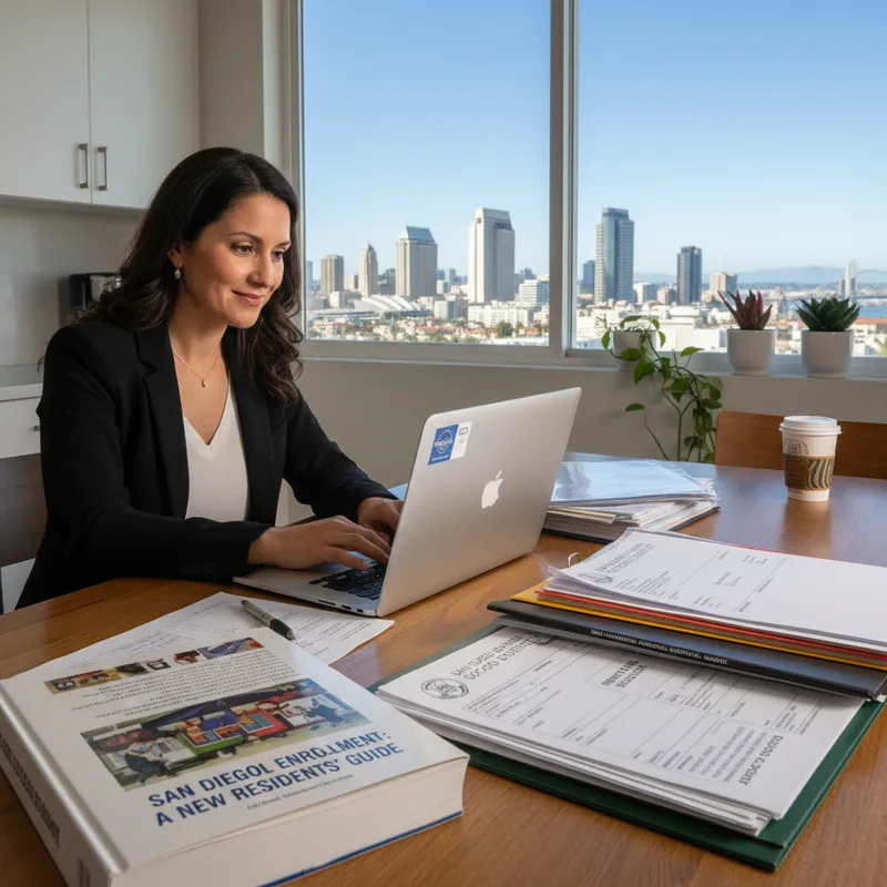 A parent works on a laptop at a kitchen table with enrollment papers, San Diego skyline visible in the distance.