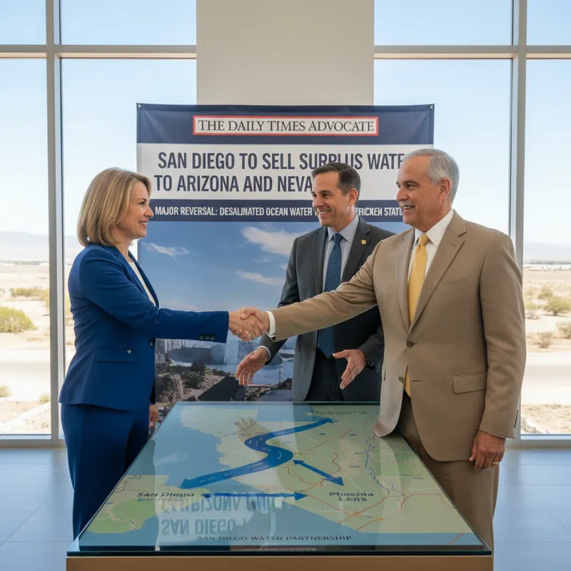 San Diego County Water Authority representatives discuss water sale agreements in a modern office setting.