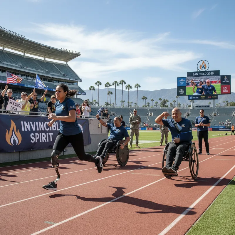San Diego stadium with Invictus Games logo and cheering crowd, ready for 2029 Games bid.