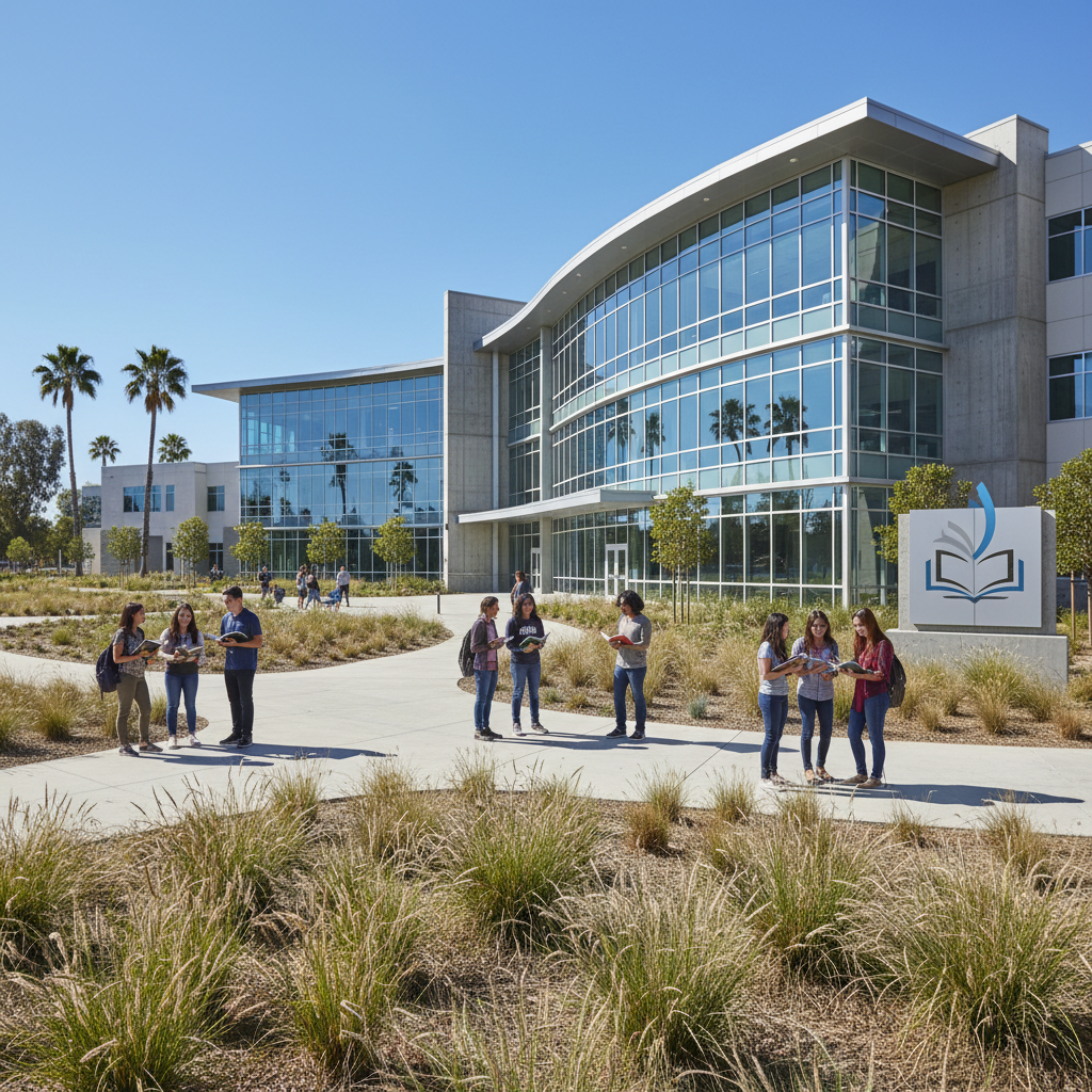 Modern school building exterior with landscaped grounds in a realistic setting.