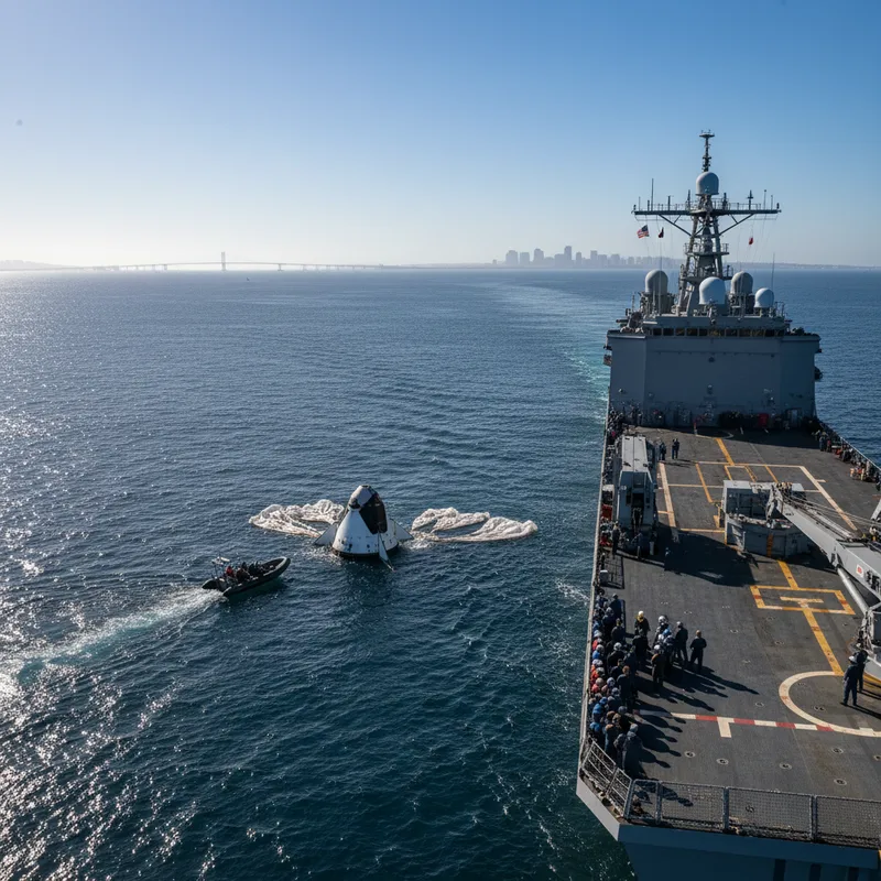 USS John P. Murtha warship sailing in the Pacific Ocean near San Diego for astronaut recovery mission.