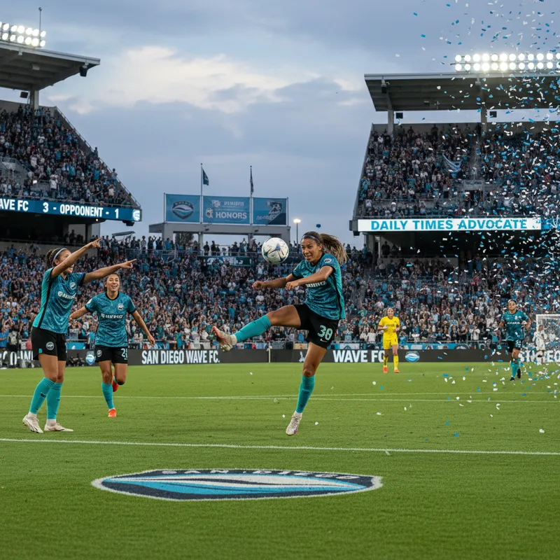 San Diego Wave players celebrating a goal during a soccer match with fans in the background.