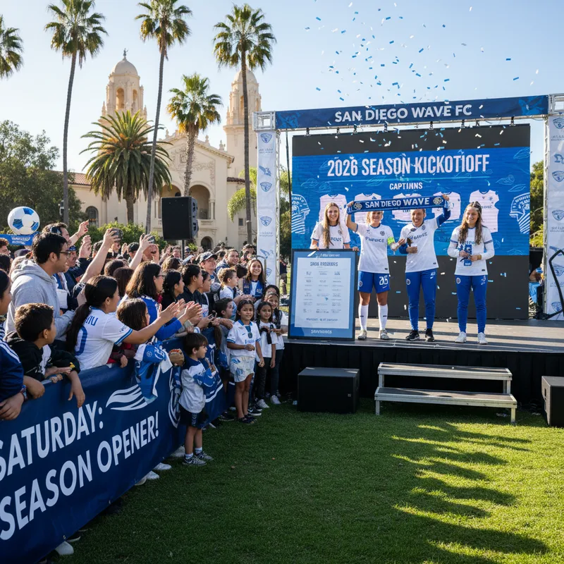 San Diego Wave FC players and fans interacting at a Balboa Park kickoff event for the 2026 season.