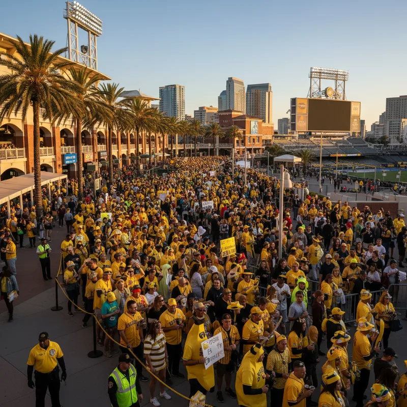 Fans in yellow and brown banana-themed outfits queue outside Petco Park for the Savannah Bananas baseball game.