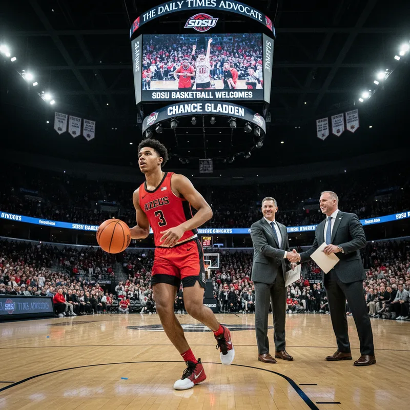 San Diego State point guard Chance Gladden in action on a basketball court, captured dynamically.