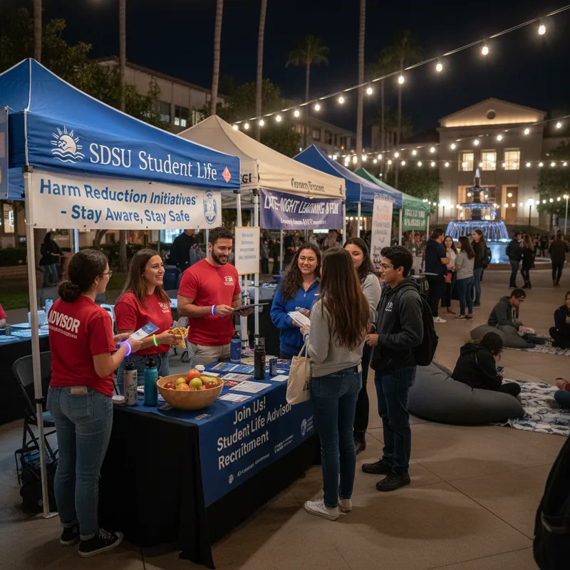 Students gather around information booths and staff at a nighttime campus event.