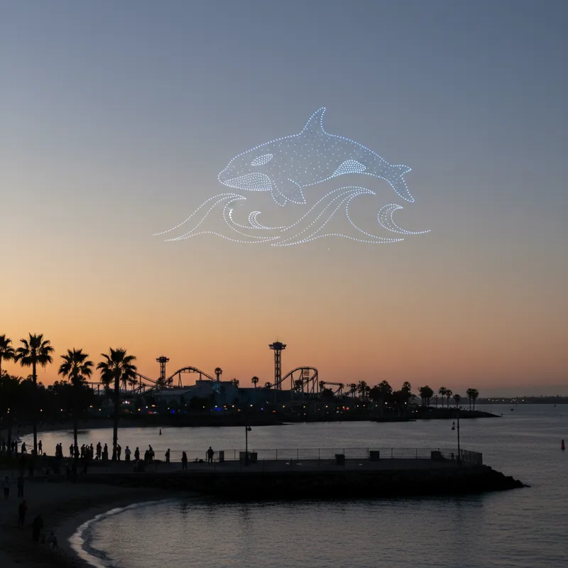 Drone light show illuminates the night sky above SeaWorld San Diego, replacing traditional fireworks.