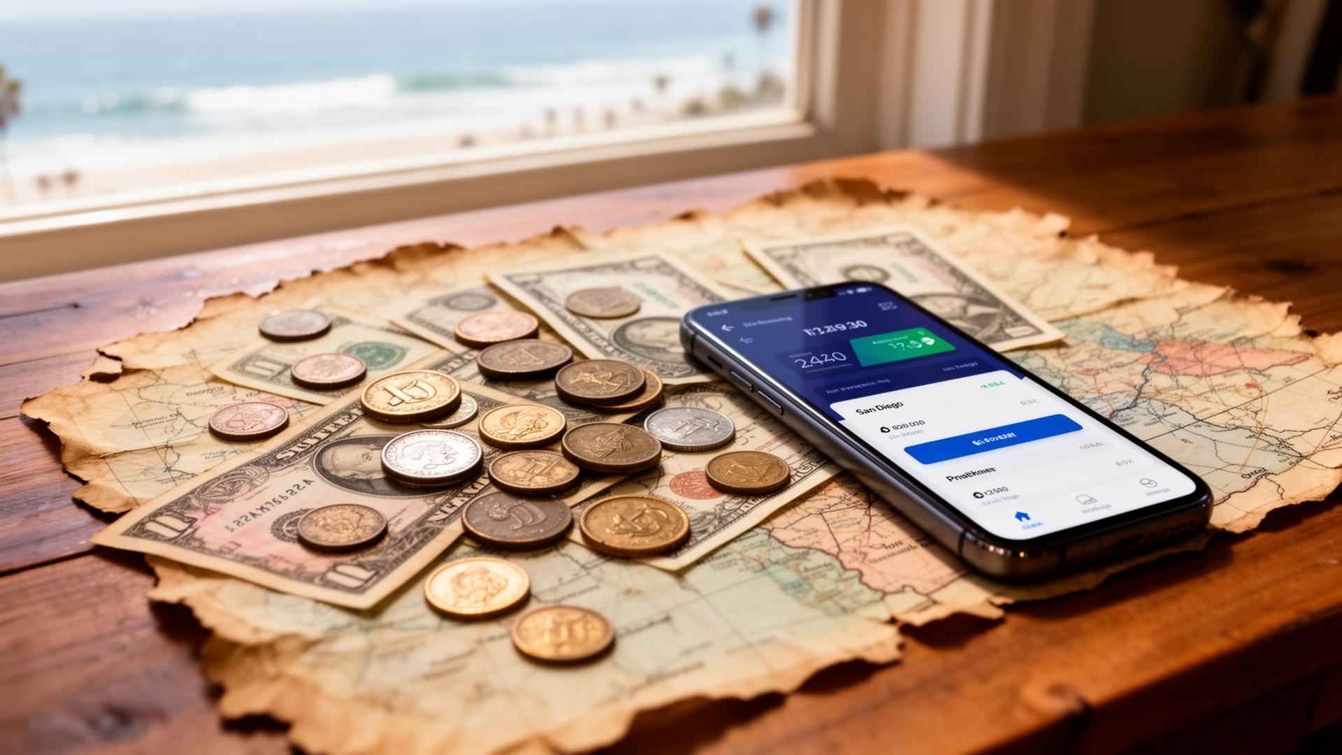 Vintage coins and banknotes spread across a weathered map beside a smartphone banking app, with a San Diego coastal window in the background.