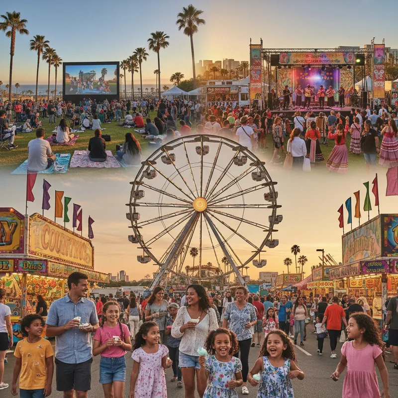 People enjoying a sunny, outdoor San Diego summer festival with food, games, and live music.