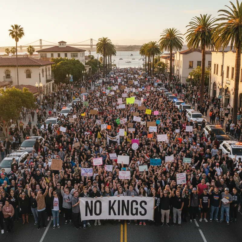 Protesters rally with signs during a "No Kings" demonstration in San Diego County.