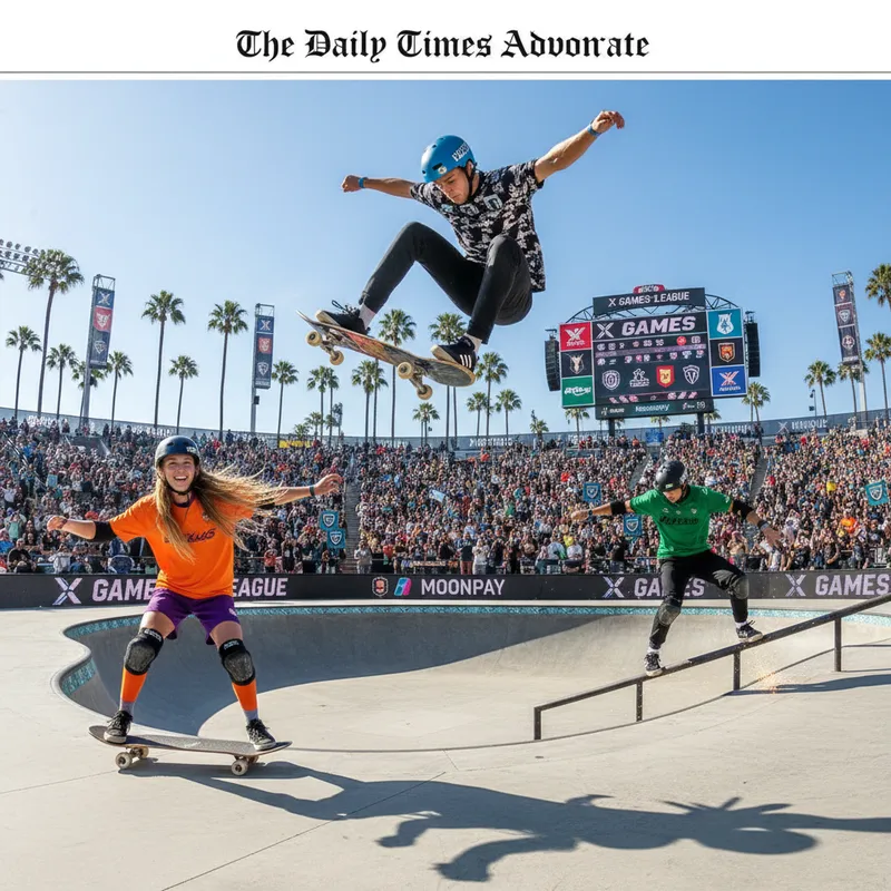 Three young skateboarders in dynamic action poses on a field, representing the new X Games League.