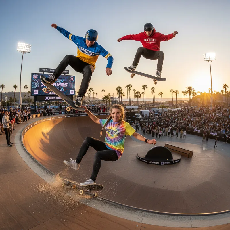 Three skateboarders in action, including Tom Schaar, Bryce Wettstein, and Tate Carew, at a stadium during the X Games League inauguration.