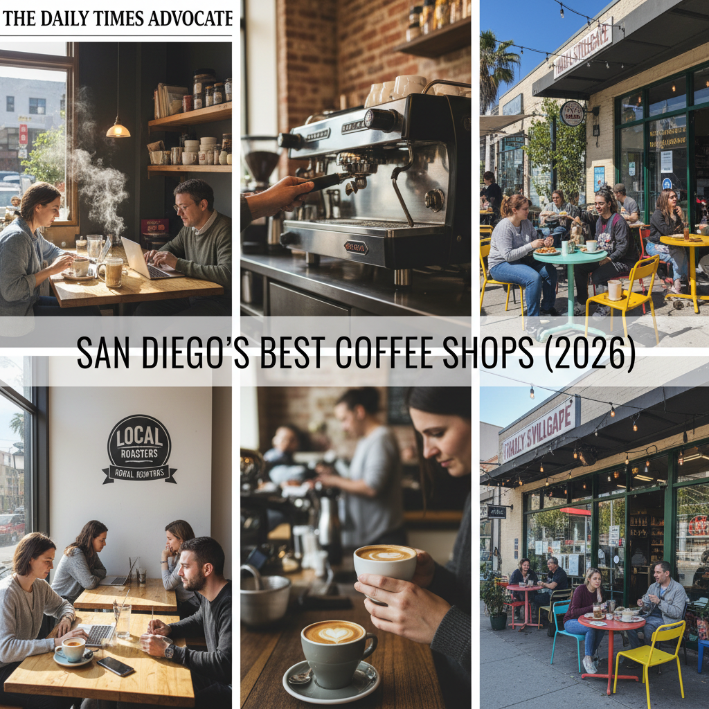 San Diego coffee shop interior with baristas preparing drinks with natural light.