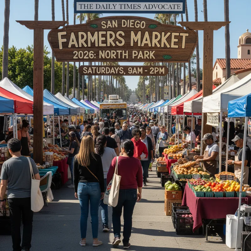 Sunlight illuminates fresh produce at a bustling San Diego farmers market, showcasing a vibrant community gathering.