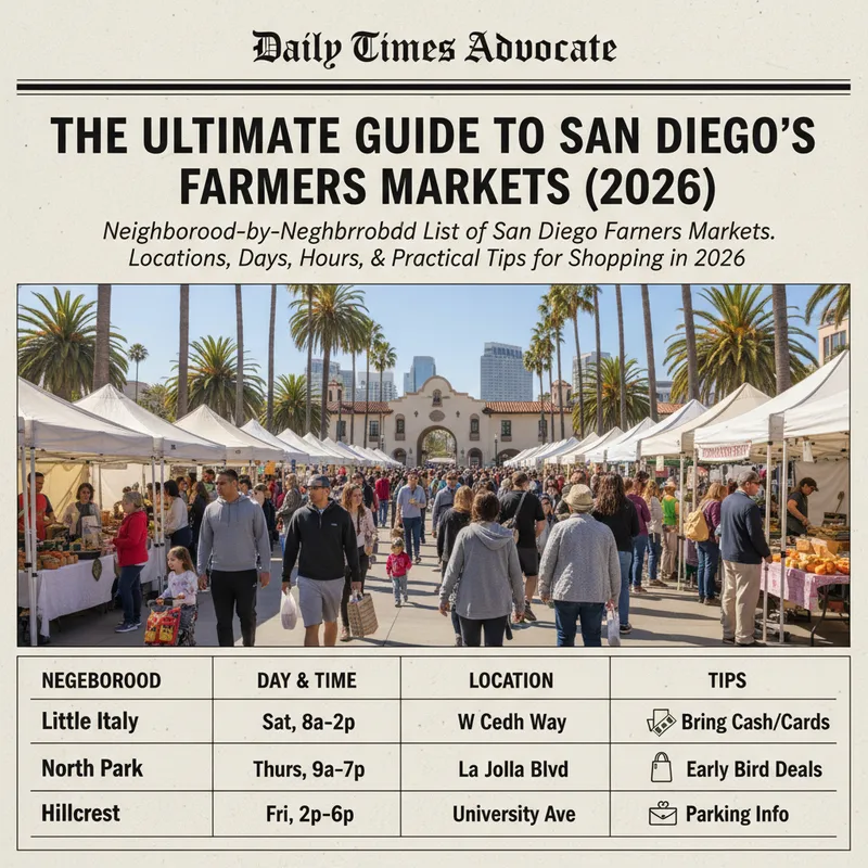 Photorealistic farmers market scene in San Diego with fresh produce displayed under natural lighting.