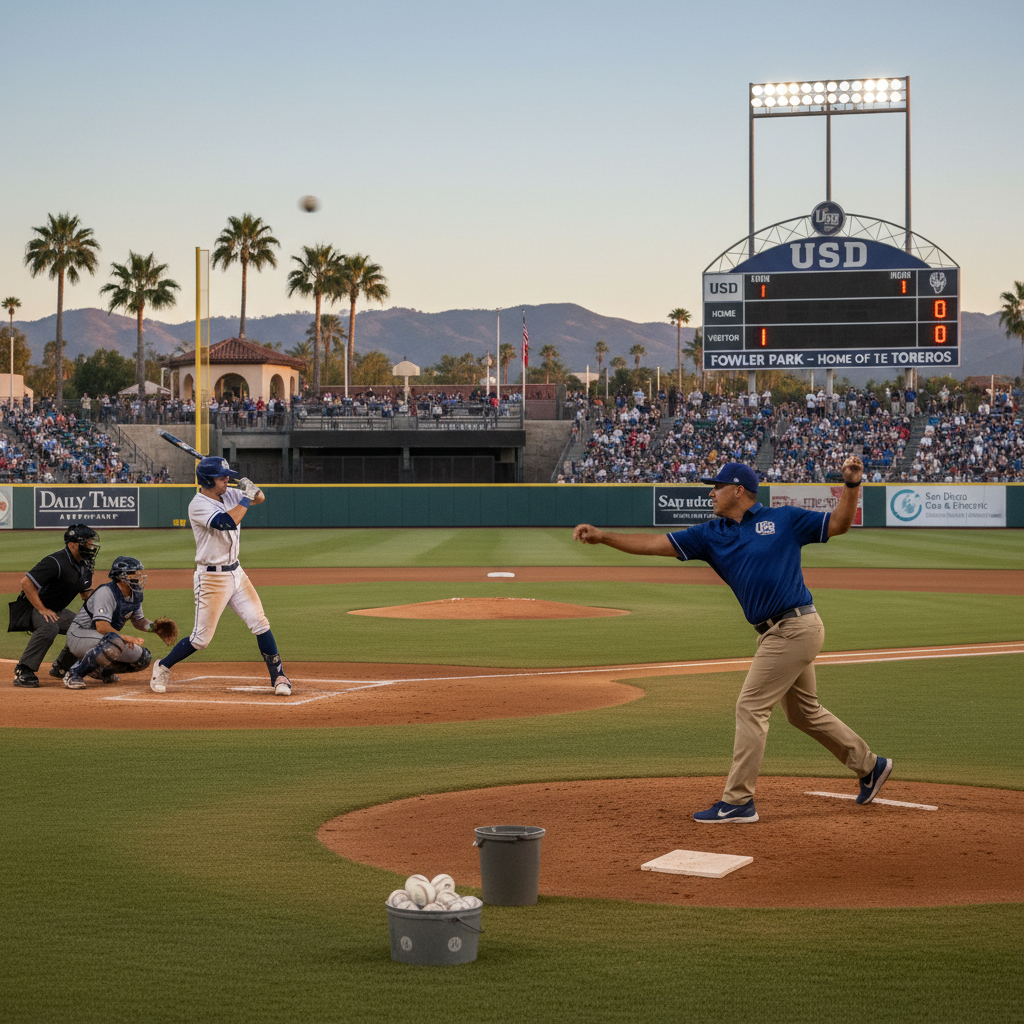 Baseball players practicing on a field with University of San Diego in the background.