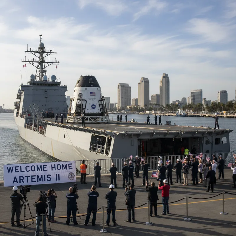 Naval Base San Diego with USS John P. Murtha ship carrying the Artemis II capsule.